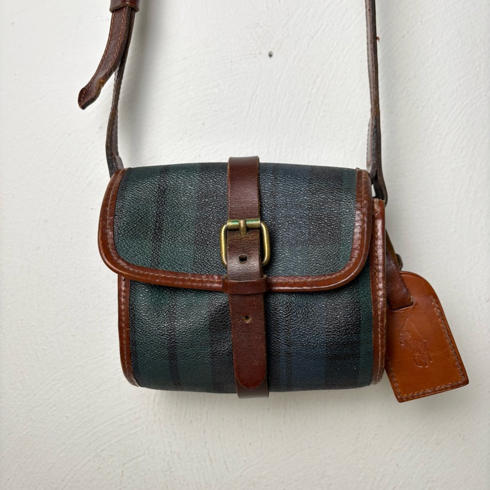POLO RALPH LAUREN Vintage 90s Tartan Blackwatch Canvas Leather Crossbody Bag - Picture 3 of 14